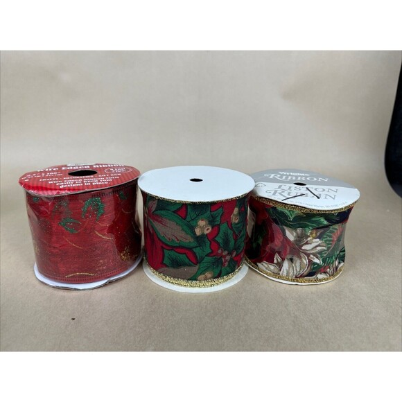 Vintage‎ New Crafting Holiday Christmas Ribbon Lot, Wire Edge Ribbon Floral - Picture 7 of 10